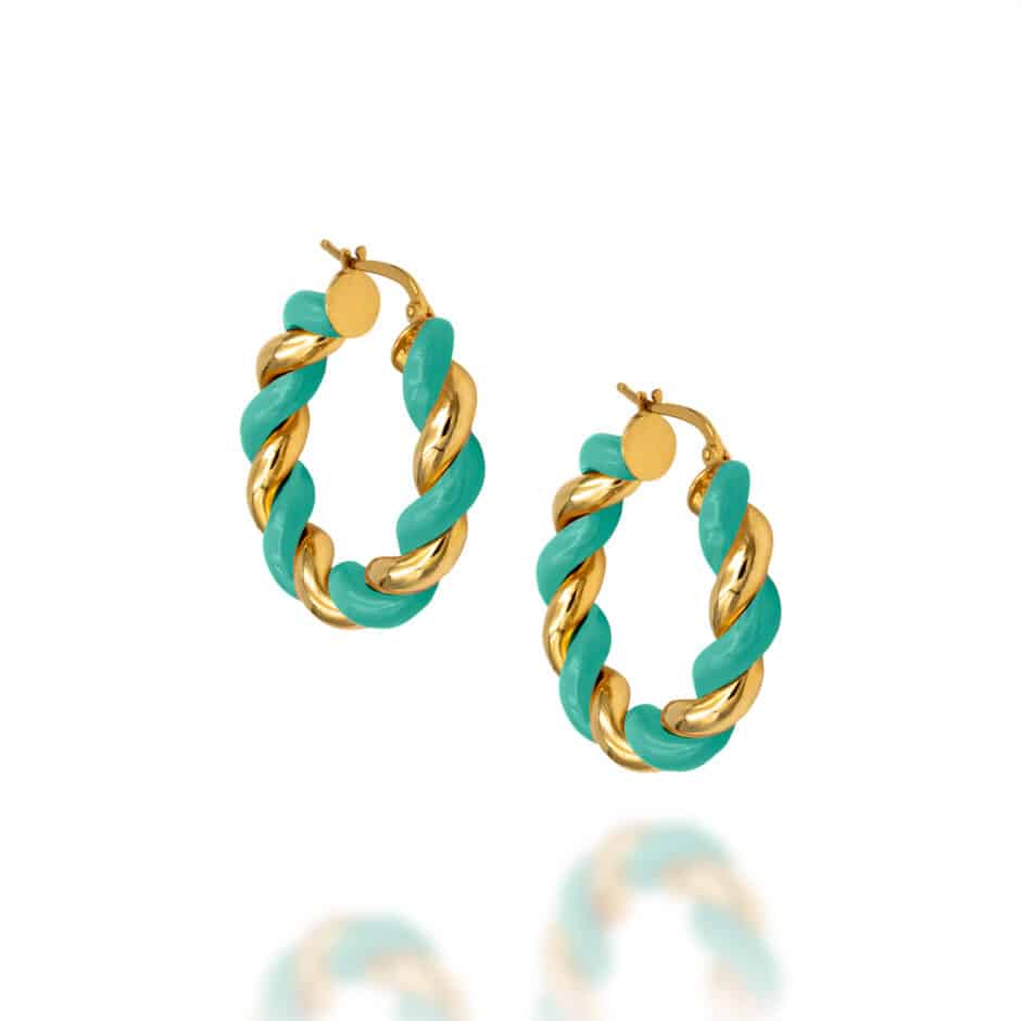 TWISTED TURQUOISE MEDIUM GOLD HOOPS | SARRA JEWELLERY