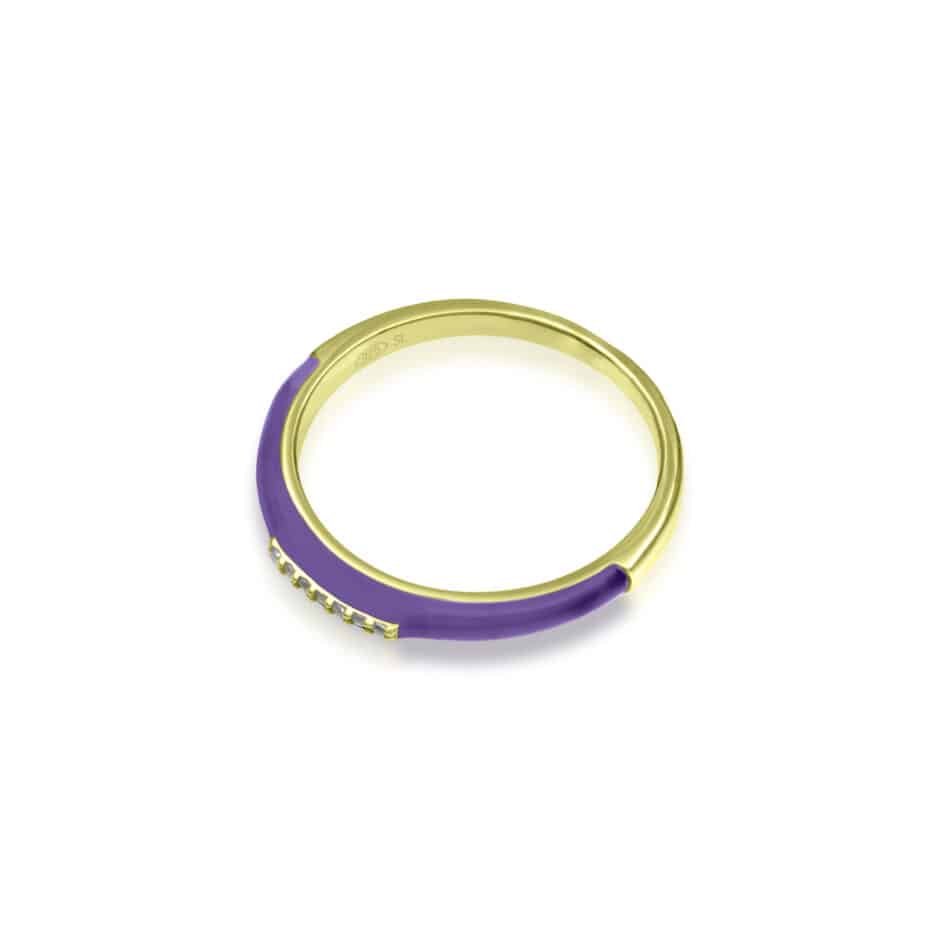 14k Yellow Gold Cubic Zirconia Purple Enamel Band Ring. Sparkling stones on vibrant enamel. Slim design. Hand-painted, unique. Hypoallergenic. Presented in SARRA box.