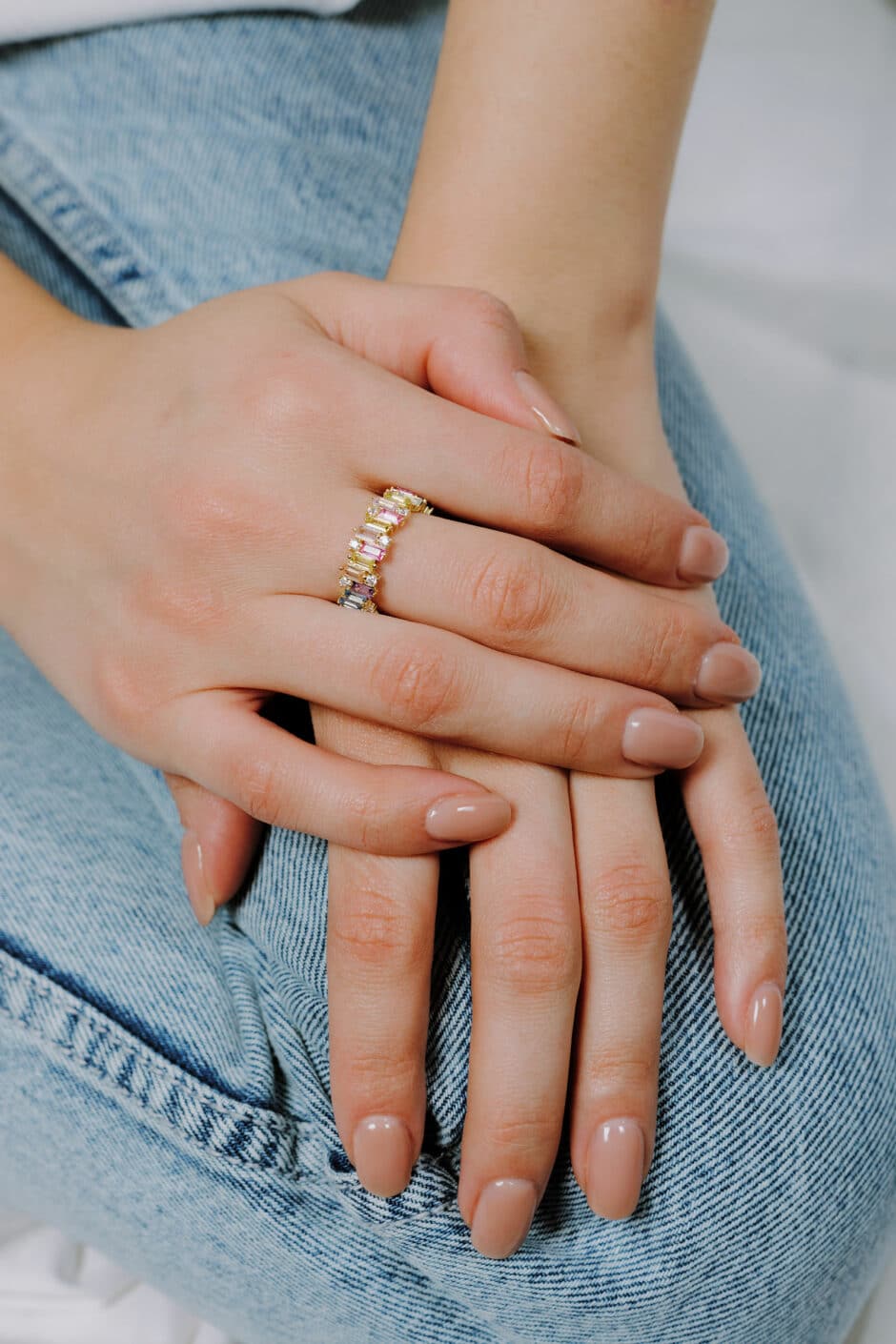 14k Yellow Gold Multi Color Baguette Eternity Band Ring. Pastel cubic zirconia stones. 925 sterling silver. Hypoallergenic. Presented in SARRA box.