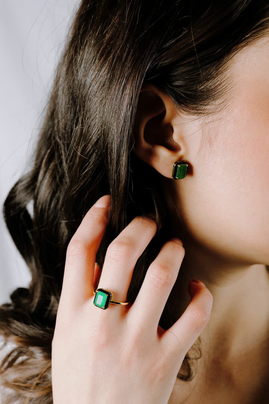 Enamel Gold Emerald Green Stud Earrings. 925 sterling silver, 14K gold plating. Hand-painted black enamel, emerald green Cubic Zirconia. Hypoallergenic. Sarra Jewellery box.